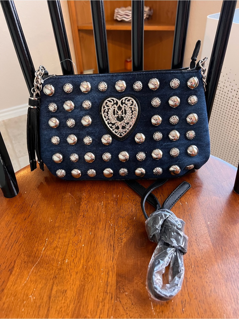Studded Heart Accent Crossbody Bag - Black